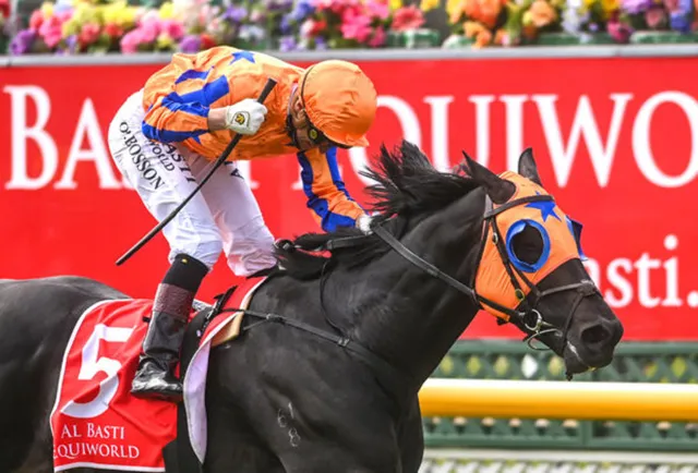 Te Akau horse and jockey in tangerine and blue at Riccarton